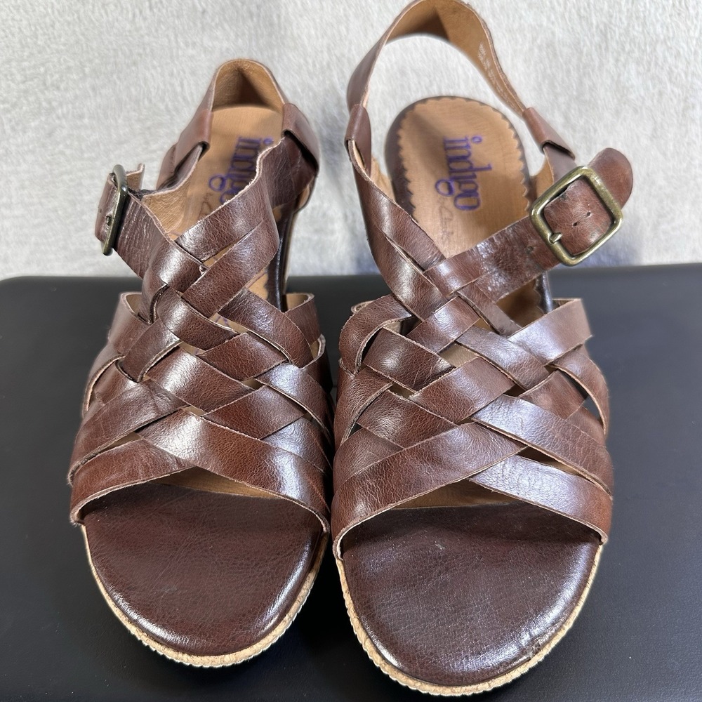 Clarks Indigo Brown Leather Cork Wedge Sandals Size 10 M Strappy Slingback - Picture 4 of 7